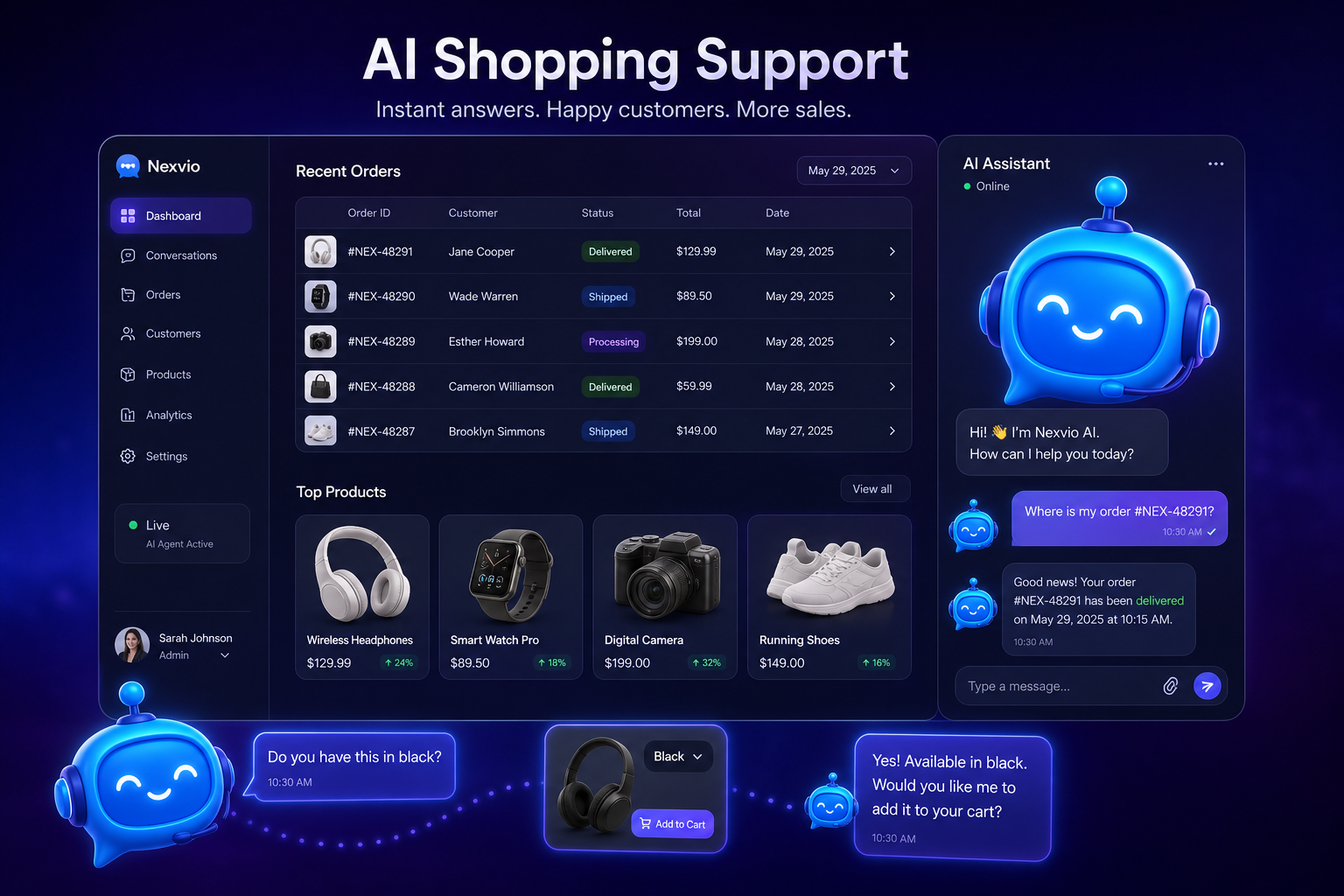 AI ecommerce support dashboard for shopper questions and order status