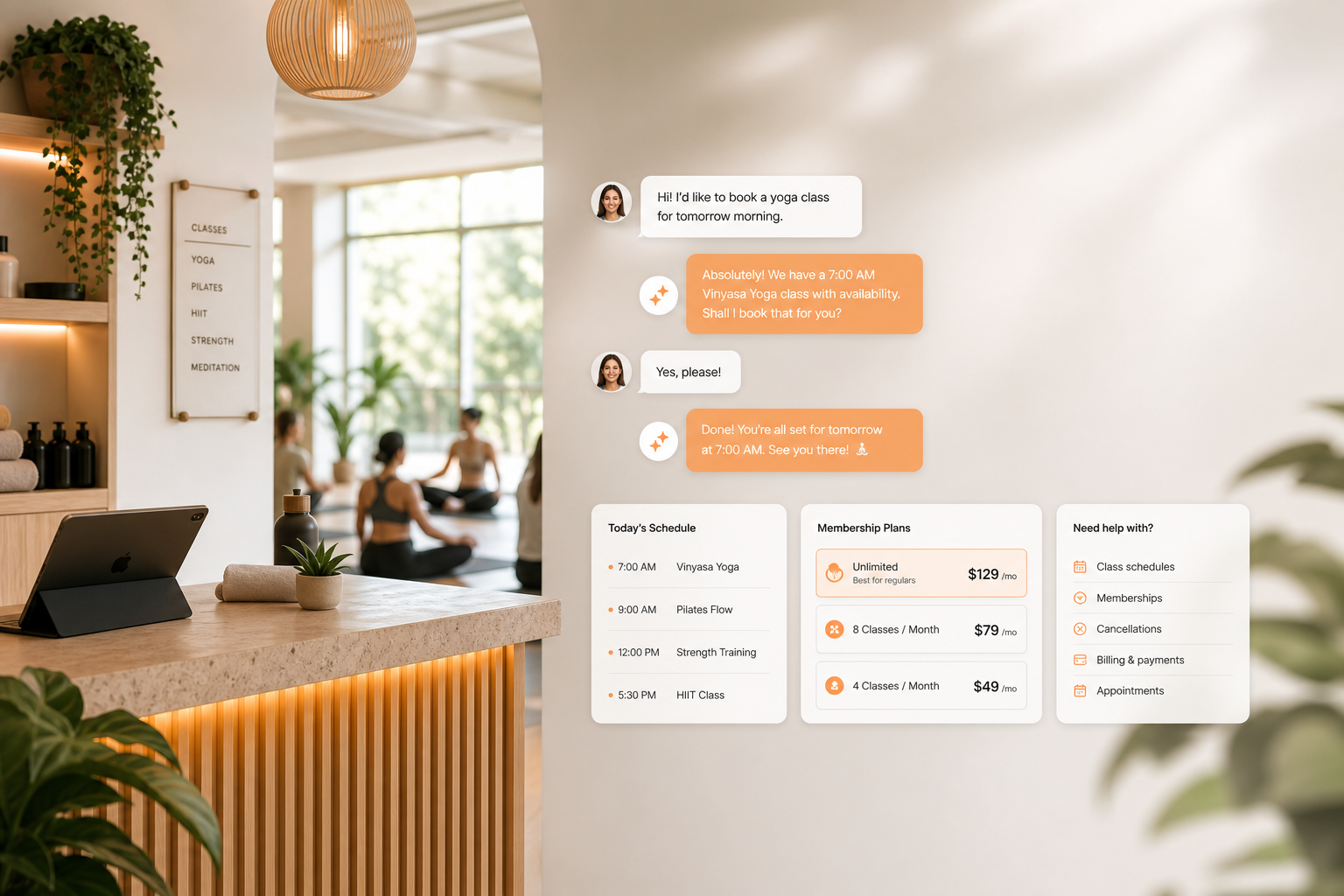 Wellness studio reception with AI support interface
