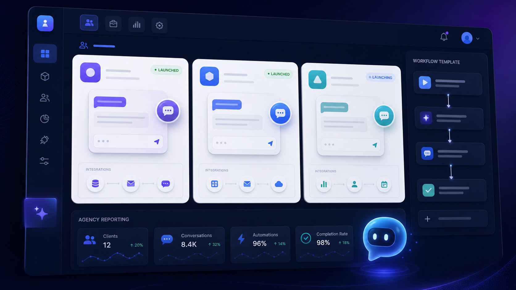 Nexvio agency dashboard showing multi-client AI agent launches, integrations, templates, and reporting