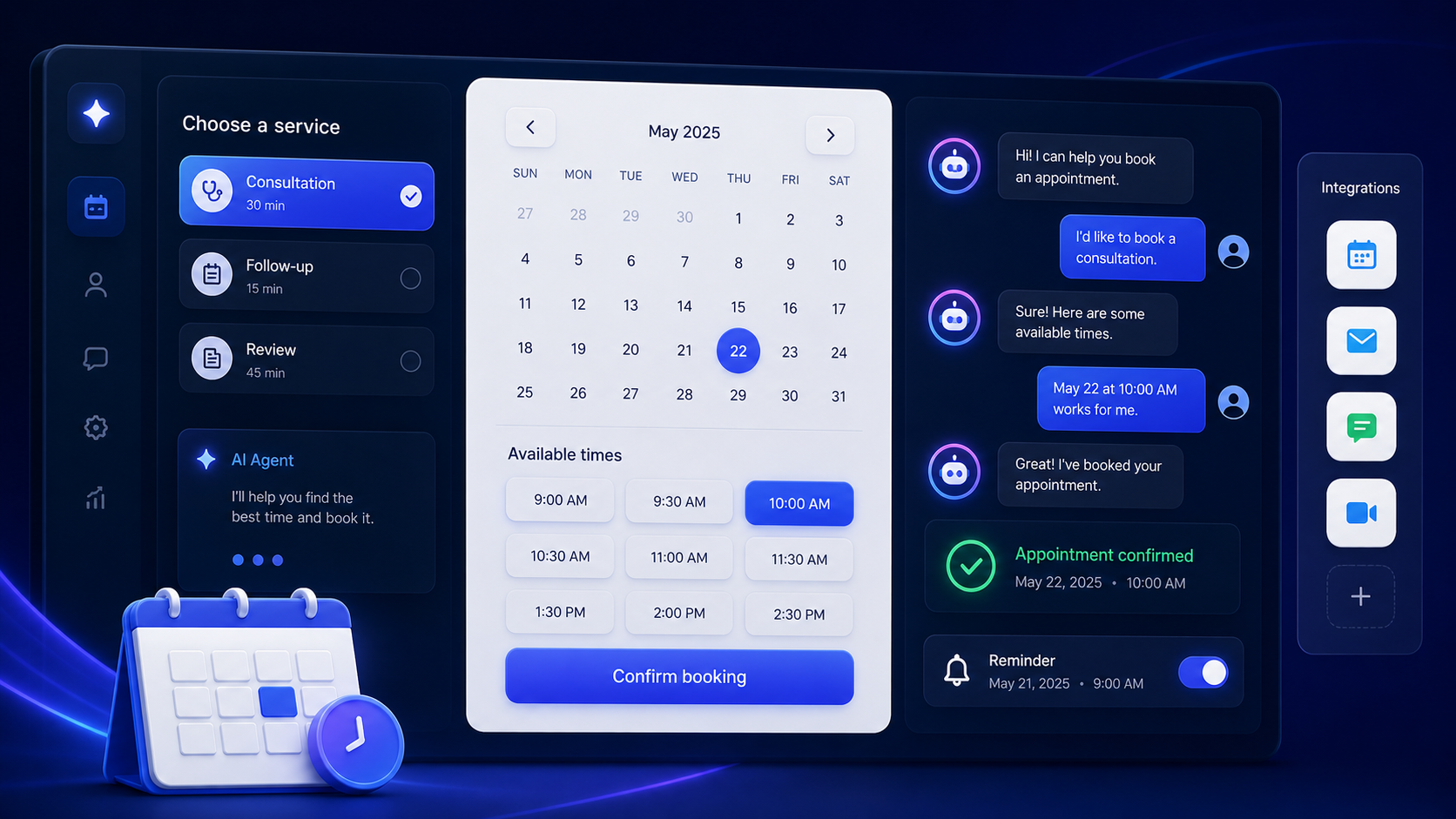 Nexvio AI appointment booking dashboard with calendar slots, chat confirmation, and reminders